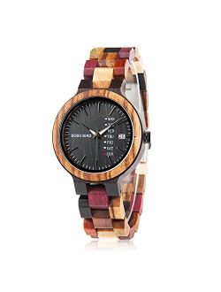 Womens Watches Wooden Colorful Bamboo Watches with Week Date Display Handmade Natural Wood Casual Wirst Watches for Ladies, Female Perfect