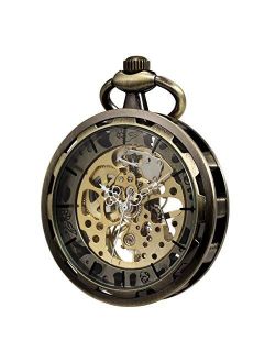 Pocket Watch Skeleton Open Face Men Antique Bronze Mechanical Hand-Wind with Chain Box