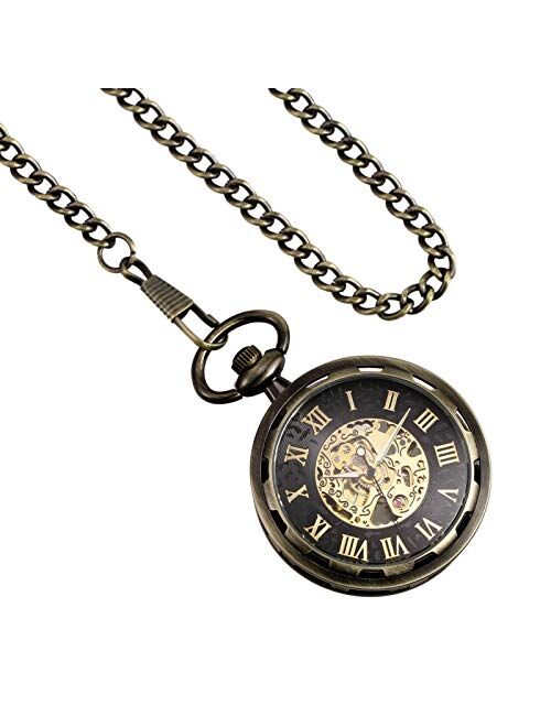 TREEWETO Pocket Watch Skeleton Open Face Men Antique Bronze Mechanical Hand-Wind with Chain Box