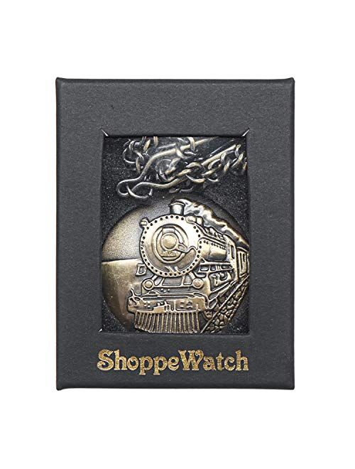ShoppeWatch Pocket Watch with Chain Goldtone Railroad Train Full Hunter Locomotive Steampunk Design PW-34