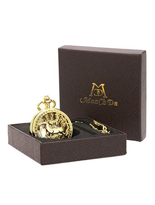 ManChDa Pocket Watch for Fathers Day Birthday, Vintage Mechanical Double Cover Watch - Anniversary for Him/Men/Husband | Reindeer