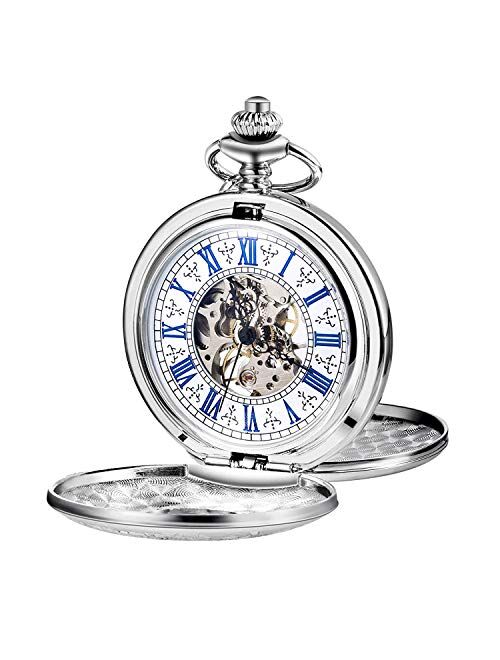 TREEWETO Men's Women's Pocket Watch Steampunk Skeleton Mechanical Silver Fob Retro Watches Double Case