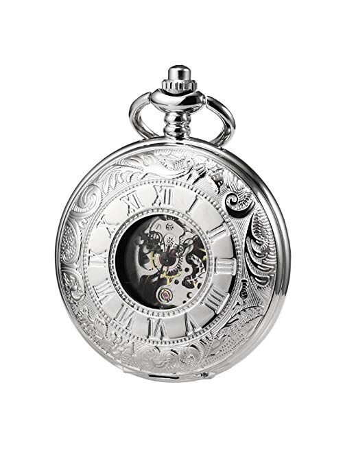 TREEWETO Men's Women's Pocket Watch Steampunk Skeleton Mechanical Silver Fob Retro Watches Double Case