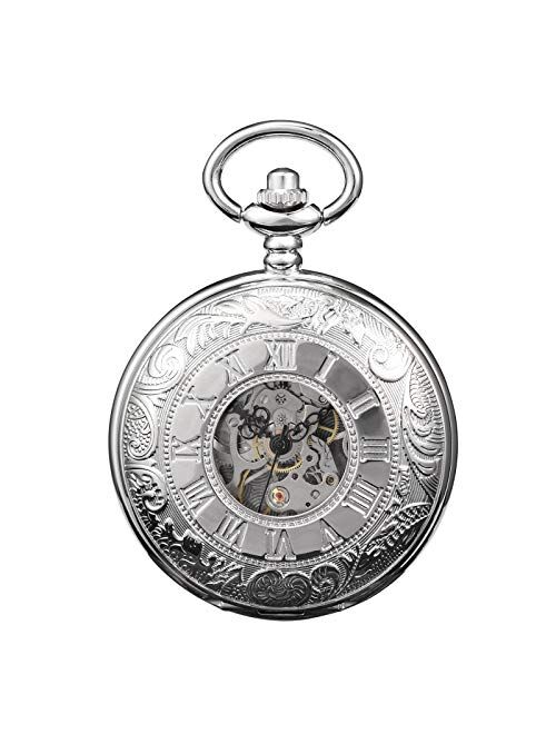 TREEWETO Men's Women's Pocket Watch Steampunk Skeleton Mechanical Silver Fob Retro Watches Double Case