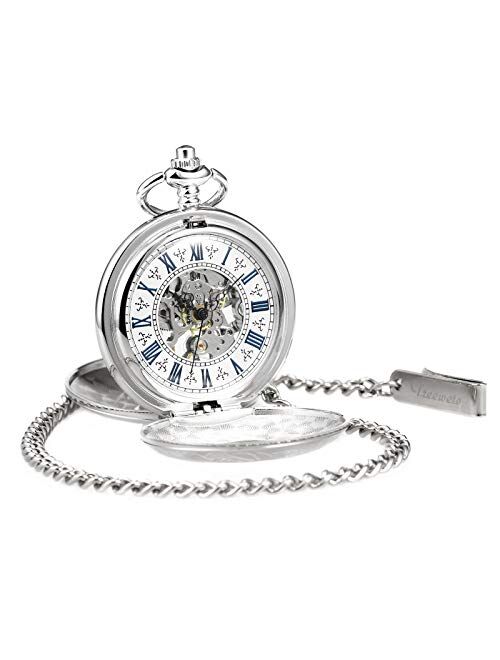 TREEWETO Men's Women's Pocket Watch Steampunk Skeleton Mechanical Silver Fob Retro Watches Double Case