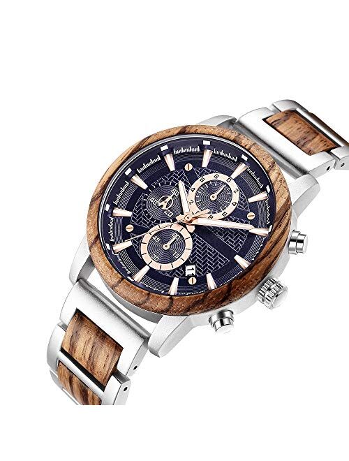 Wooden Watch for Men Women, Stylish Chronograph Military Casual Calendar Wood Watches