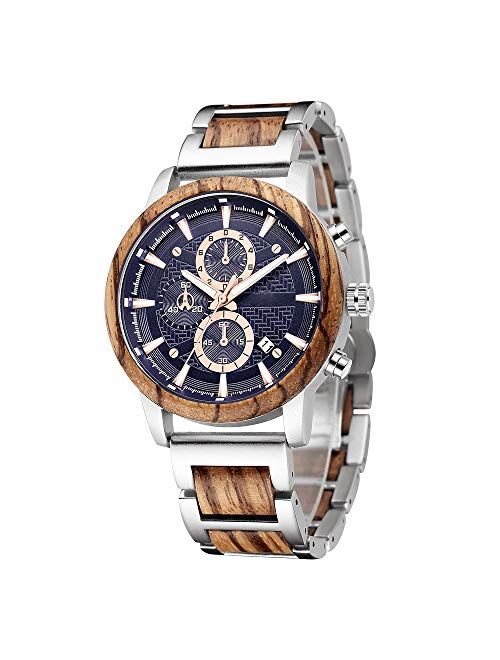 Wooden Watch for Men Women, Stylish Chronograph Military Casual Calendar Wood Watches