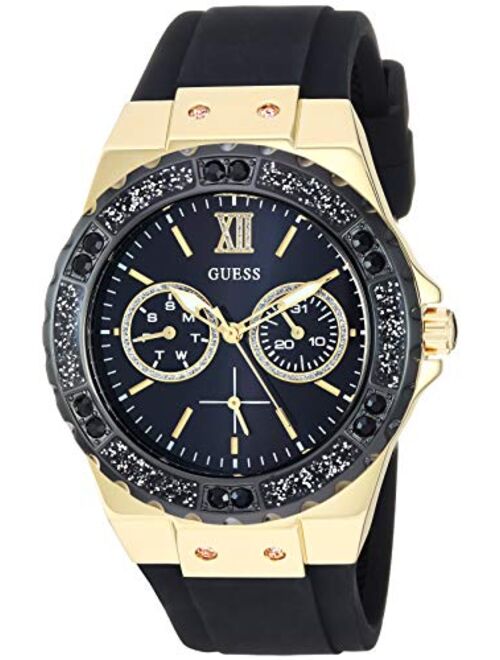 GUESS Gold-Tone Stainless Steel + Black Stain Resistant Watch with Day + Date Functions. Color: Black (Model: U1053L7)