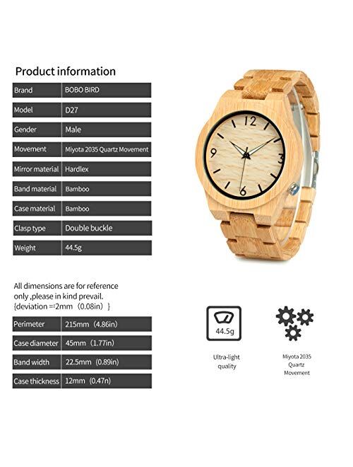 BOBO BIRD D27 Men's Bamboo Wooden Watch Numeral Scale Large Face Quartz Watch Lightweight Casual Sports Watches with Luminous Night Silver Pointer Gift Box