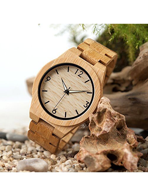 BOBO BIRD D27 Men's Bamboo Wooden Watch Numeral Scale Large Face Quartz Watch Lightweight Casual Sports Watches with Luminous Night Silver Pointer Gift Box