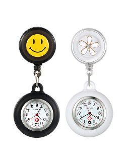 2 Pack Retractable Lapel Watch with Second Hand for Nurses Doctors Clip-on Hanging Nurse Watches Cute Leaves/Smile Face Pattern Silicone Cover Badge Stethoscope Fob Watch