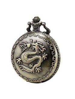 Morfong Unisex Pocket Watch Quartz Dragon Pattern Fob Watches Vintage Bronze with Chani & Box