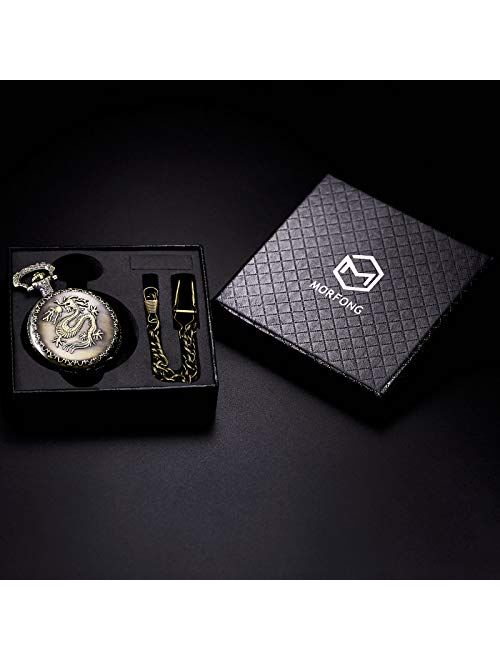Morfong Unisex Pocket Watch Quartz Dragon Pattern Fob Watches Vintage Bronze with Chani & Box