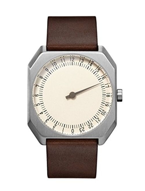 slow Jo 17 - Swiss Made one-hand 24 hour watch - Silver with dark brown leather band