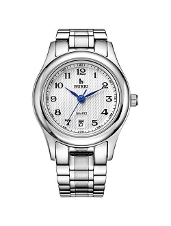 BUREI Women's Watch Date Calendar Quartz Wrist Watches with Arabic Number Analog Black and Silver Stainless Steel Bracelet