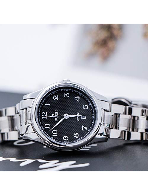 BUREI Women's Watch Date Calendar Quartz Wrist Watches with Arabic Number Analog Black and Silver Stainless Steel Bracelet