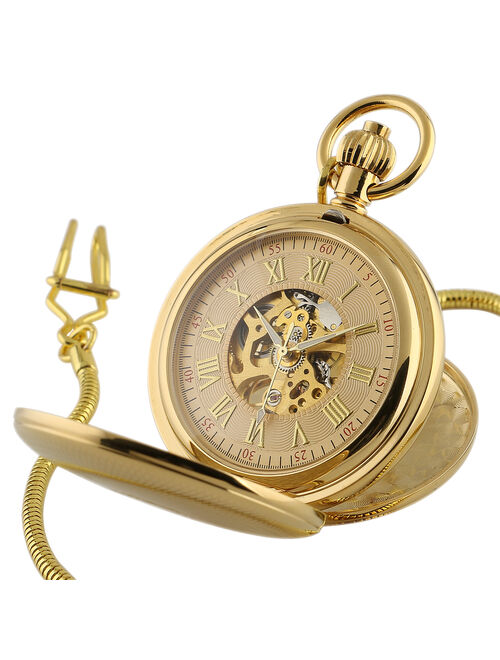 Full Hunter Skeleton Golden Mechanical Pocket Watch Hand-winding  Roman Numberals Gold Dial Mens