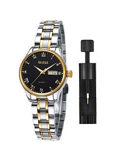 Luxury Ladies Watches,Women's Watch with Day and Date,Female Watch for Small Wrist,Gold Stainless Steel Watches for Women,Black Roman Numerals Watch Women,Easy Read