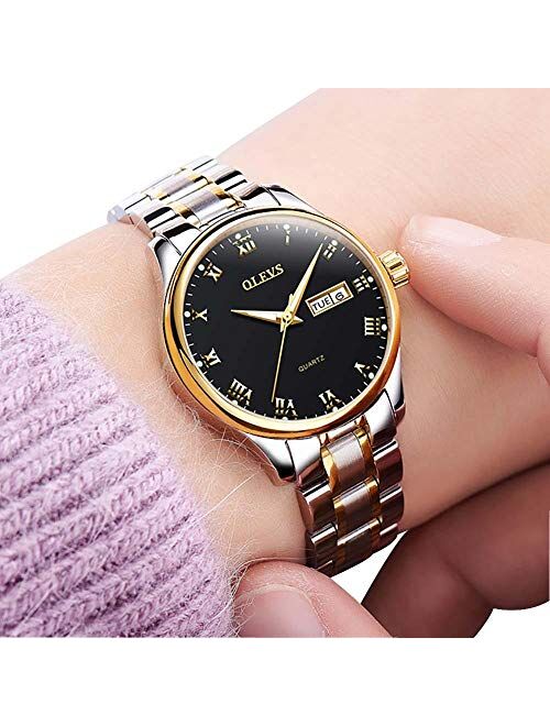 OLEVS Luxury Ladies Watches,Women's Watch with Day and Date,Female Watch for Small Wrist,Gold Stainless Steel Watches for Women,Black Roman Numerals Watch Women,Easy Read