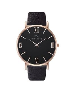 WRISTOLOGY Stella Womens Watch Rose Gold Black Face Roman Numeral Numbers Boyfriend Ladies Black Leather Strap Band