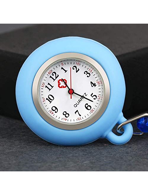 Women Girl's Nurse Watches Clip-on Hanging Lapel Silicone Jelly Fob Pocket Watch Cute Cartoon Smile Round Face Arabic Markers for Doctor - Blue