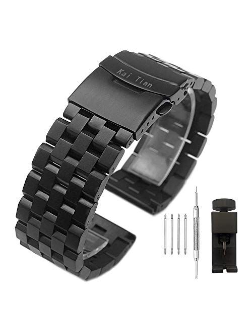 Kai Tian Brushed Stainless Steel Watch Band Strap 18mm/20mm/22mm/24mm/26mm Metal Replacement Bracelet with Double-Lock Deployment Clasp for Men Women Black/Silver/Two Ton