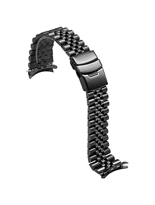 Juntan Stainless Steel Curved Ends Tapered 20mm 22mm 23mm 24mm Metal Watch Band Flexible Watch Strap Replacement Bracelet Deployment Double Flip Lock Buckle Silver Black