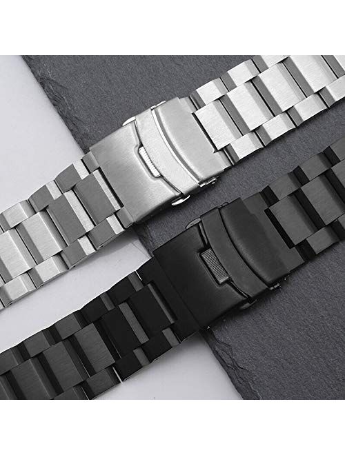 Kai Tian Stainless Steel Watch Band Brushed Finish Metal Watch Strap 18mm/20mm/22mm/24mm Double Buckle Bracelet Black,Silver & Rose Gold