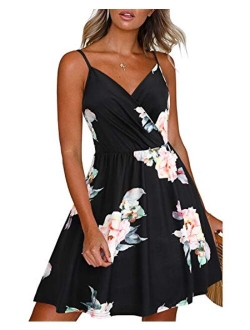 Newshows Women's Summer Dress Floral Spaghetti Strap Sleeveless V-Neck Casual Swing Sundress with Pockets