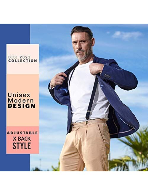 Dibi Mens Suspenders, Adjustable Elastic 1 Inch Wide Band with Heavy Duty Metal Clips, X Back Style