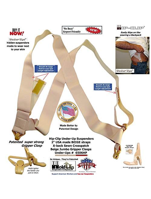 Holdup Brand 2" Wide Light tan hidden Under-Up side clip Suspenders with Patented Jumbo Tan Gripper Clasps