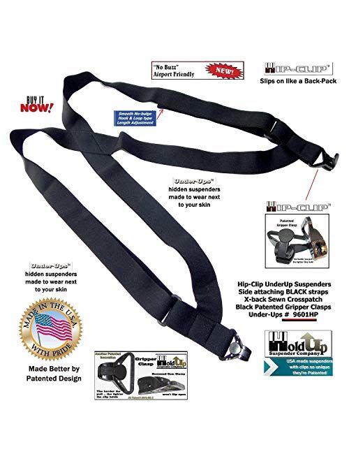 Holdup Brand Black hidden Undergarment Hip Clip no-alarm Suspenders with Patented Gripper Clasps