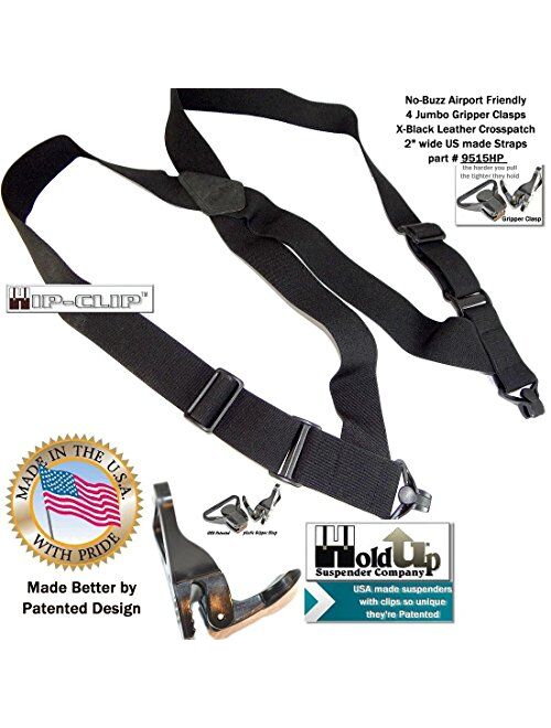 Airport Friendly Holdup Brand No-buzz Black 2" wide Hip Clip Suspenders with patented Jumbo Composite Plastic Gripper Clasps