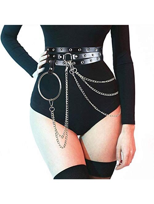 Nicute Punk Leather Waist Chain Belt Layered Ring Belly Chains Dance Body Accessories for Women and Girls (Black)
