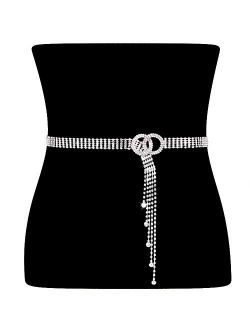 Women Rhinestone Belt Silver Shiny Diamond Fashion Crystal Ladies Double O-Ring Waist Belt for Jeans Dressesby WHIPPY