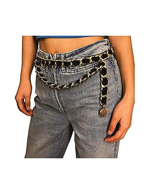 Mrotrida Women's Chain Belts Fashion Layered Flocking Cloth Belts for Dress Vest Jeans for Waistline:25-35 inch