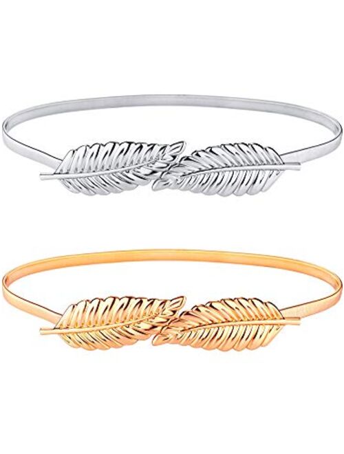 2 Pieces Women's Metal Chain Leaves Belt Skinny Elastic Stretchy Decorative Waistband Adjustable Interlock Buckle for Dress Jeans, Skirts and Pants, Silver and Gold