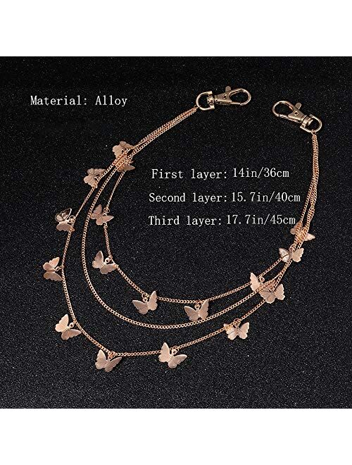 Riymusry Punk Body Chain Goth Street Butterfly Belt Waist Chain Pants Chain Multi Layer Hiphop Hook Trousers Keychain Jewelry for Male Women (Silver)