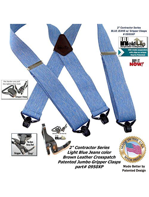 Holdup Suspender Company's Light Blue Jean colored 2" Wide Work Suspenders with Jumbo Patented Gripper Clasps