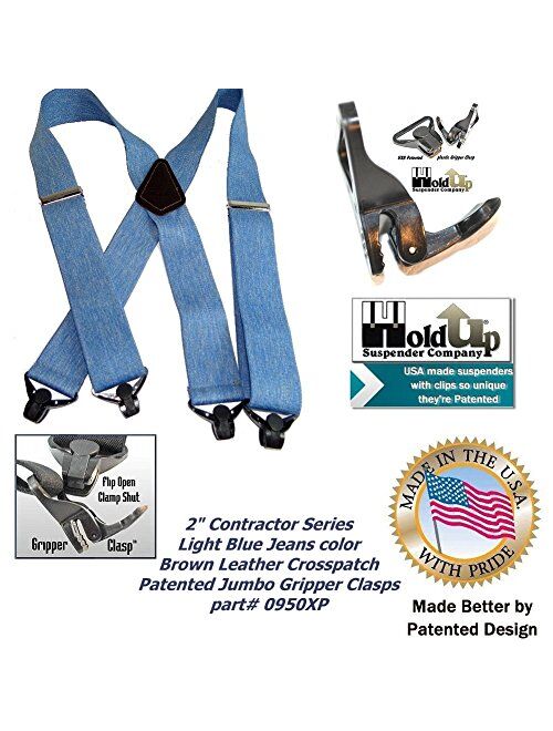 Holdup Suspender Company's Light Blue Jean colored 2" Wide Work Suspenders with Jumbo Patented Gripper Clasps