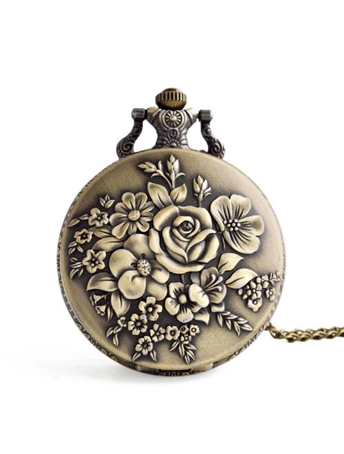 Vintage Flower Pocket Watch Quartz Necklace Chain Men Women For Girls Gifts
