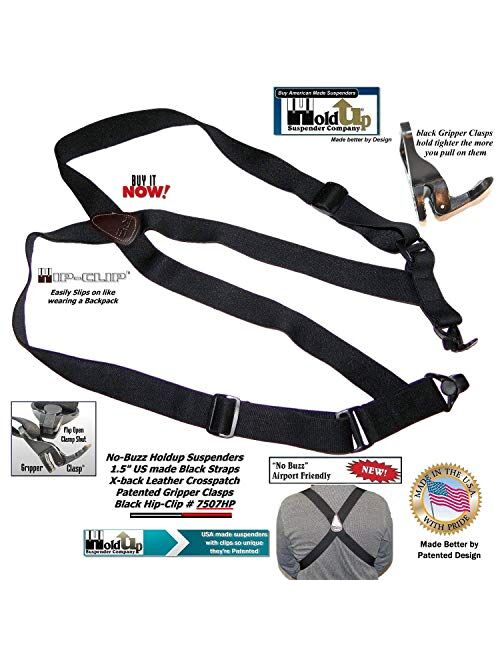 HoldUp Brand No-Buzz airport friendly Hip-clip Style Suspenders with Strong Plastic Gripper Clasps