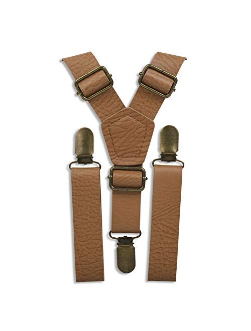 Brown Leather Like Suspenders for Men - Wedding Outfits for Groomsmen (Vintage Tan, Brass Clips, 35”-67" fits up to 6’8 made to fit Big & Tall) by London Jae Apparel