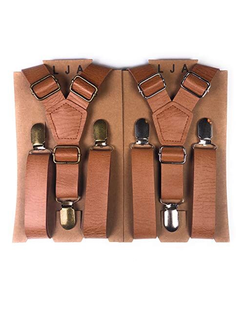 Brown Leather Like Suspenders for Men - Wedding Outfits for Groomsmen (Vintage Tan, Brass Clips, 35”-67" fits up to 6’8 made to fit Big & Tall) by London Jae Apparel