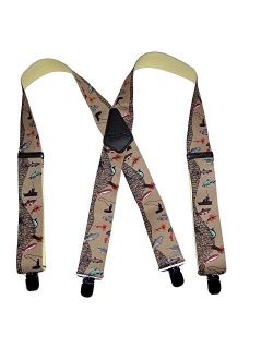 Holdup Brand Fish Tales Pattern 2" Wide Suspenders in X-back style with Patented No-slip Black Jumbo Metal Clips.