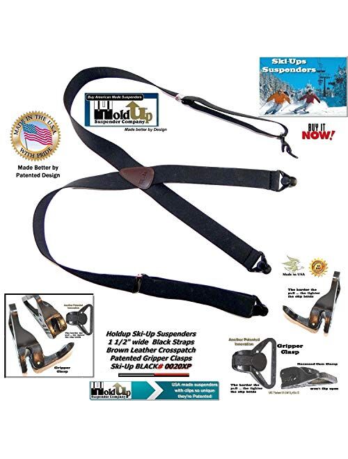 American made Holdup Black Ski-Ups X-back Suspenders with Patented black Gripper Clasps