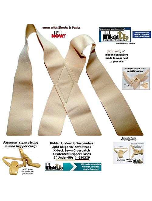 Holdup Brand USA made 2" Wide Undergarment Hidden Beige Suspenders in X-back style with Patented no-alarm composite plastic Gripper Clasps