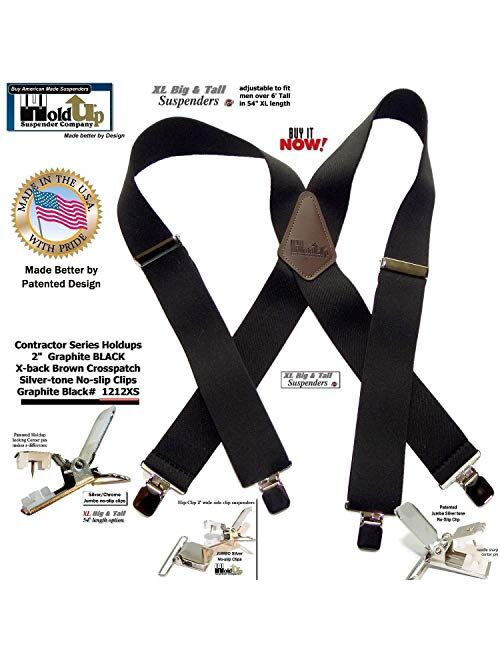 Holdup Suspender Company Brand 2" Wide XL Graphite Black Work Suspenders with Patented Silver Tone Jumbo No-slip Clips
