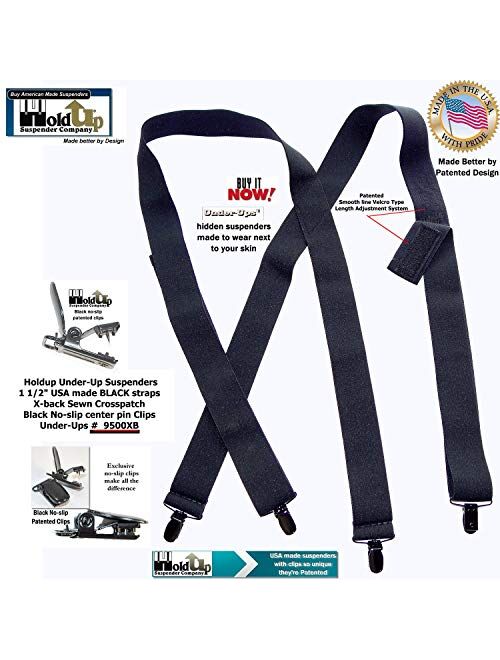 Traditional All Black Hold-Ups 1 1/2" Undergarment hidden Suspenders, X-back, Black No-slip Clips