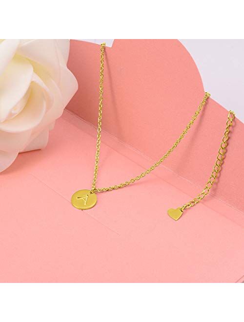 THREE KEYS JEWELRY Tiny Rose Gold Initial Necklace for Women Name Letter Charm Coin Round Small Cute Circle Script Pendant Mini Dainty Stainless Steel Initial Necklaces f